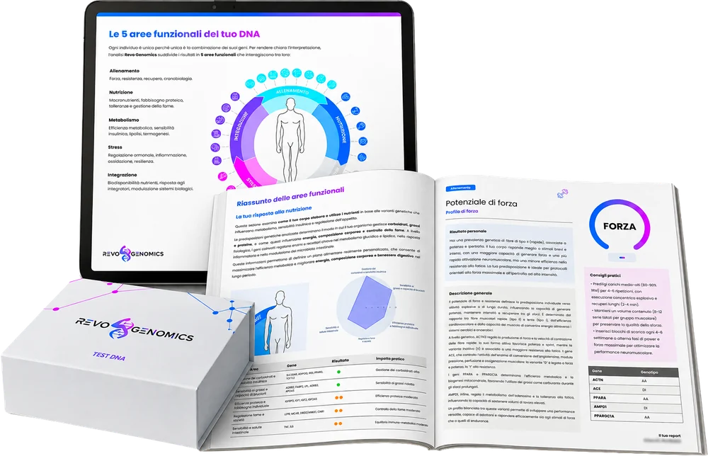 Il kit Revo Genomics con il report su tablet e su carta